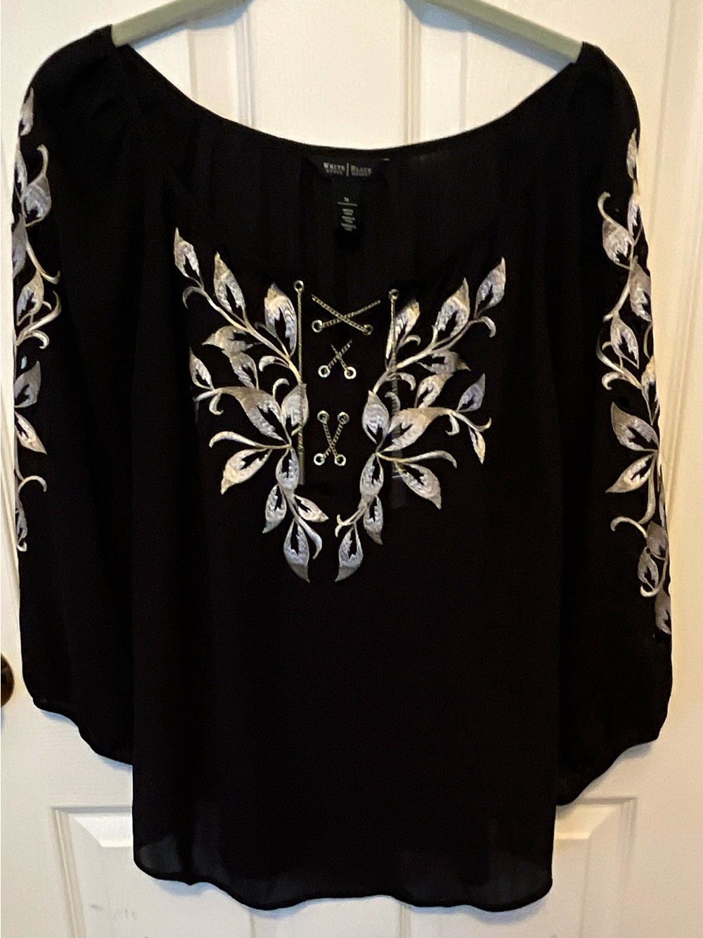 White House Black Market Black Chiffon Embroidered Gathered Sleeve Top